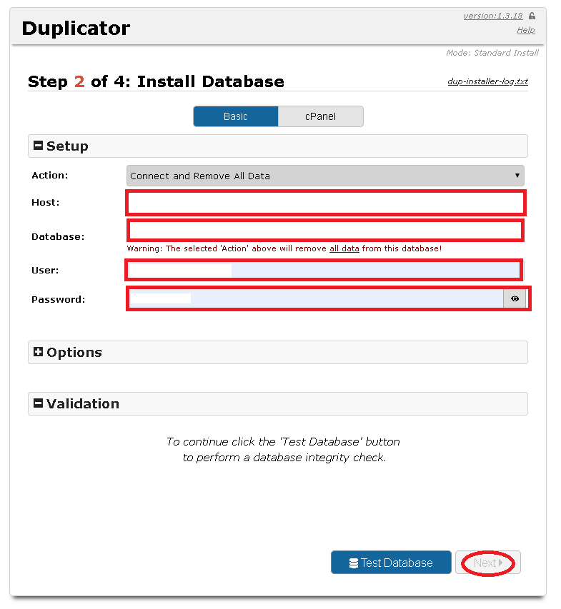 次に事前に調べておいたMySQLの情報を入力します。入力したら「Next」をクリックします。