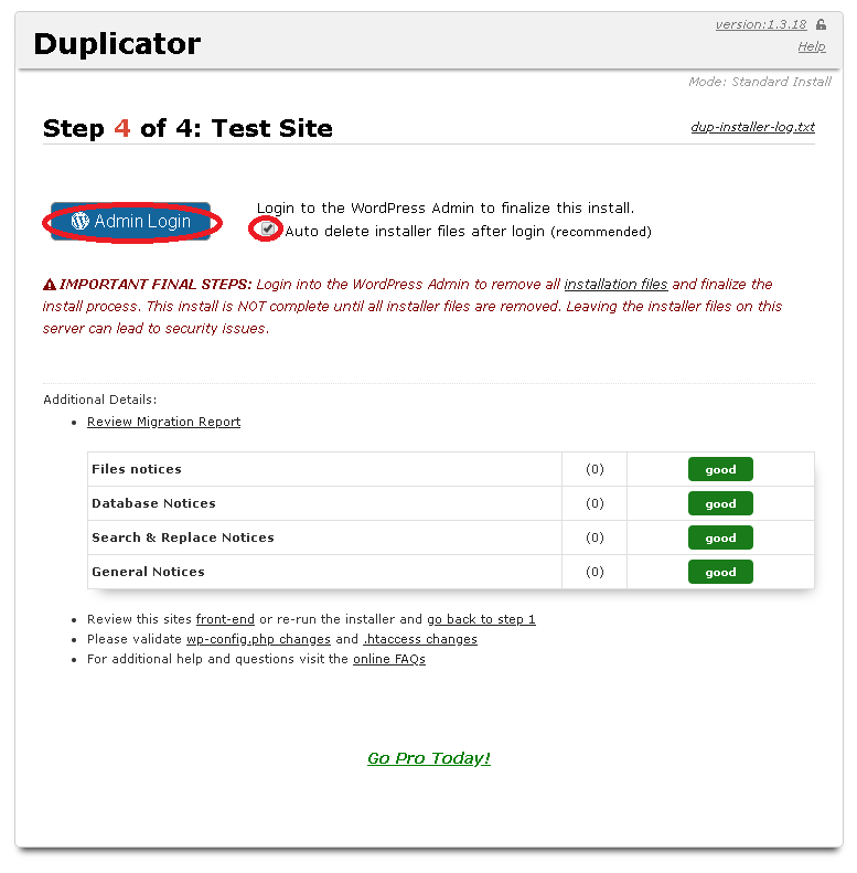 最後に「Admin Login」をクリックしましょう。近くにあるチェックボックスを「ON」にすると、自動で重要なファイルを消してくれますので、チェックは入れておくことがおすすめです。