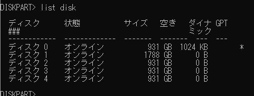 まず「list disk」と入力してEnterを押すと接続されているディスクが表示されるので、再度間違いがないかを確認しましょう。